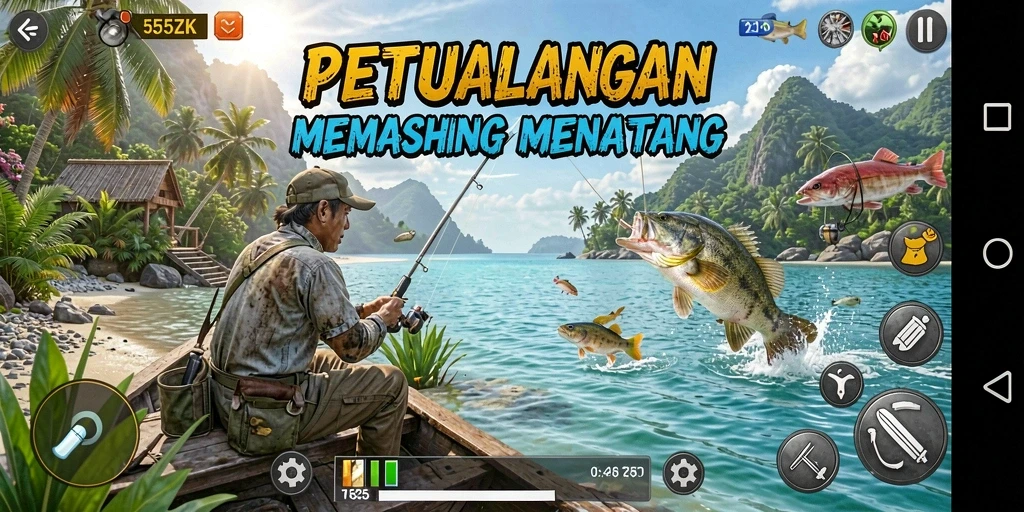 Tampilan utama gameplay 555ZK dengan aksi memancing yang mendebarkan.