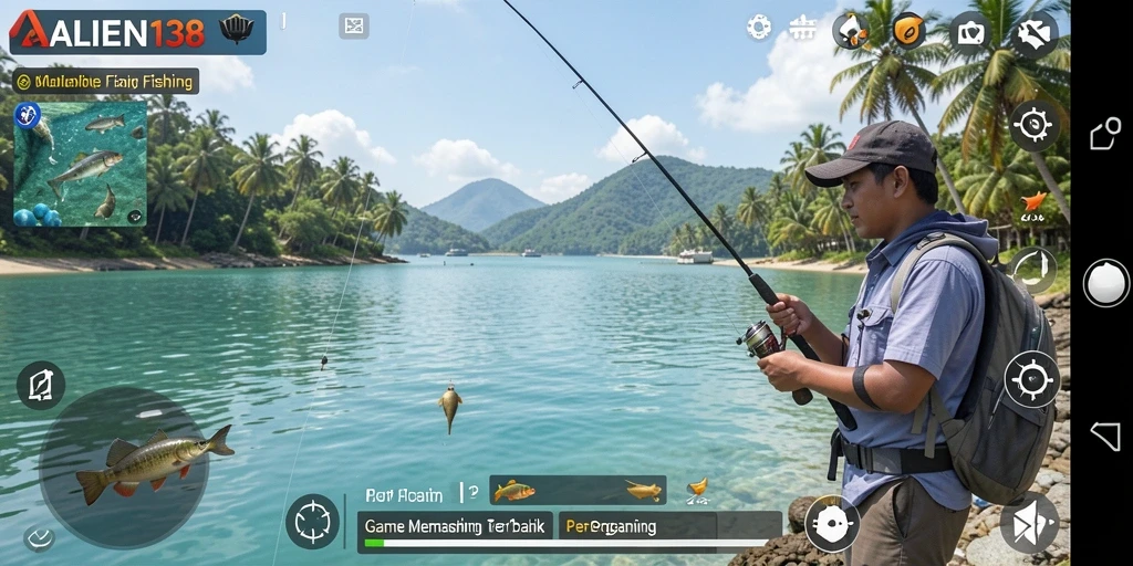 Screenshot dari gameplay ALIEN138 yang menunjukkan momen menangkap ikan.