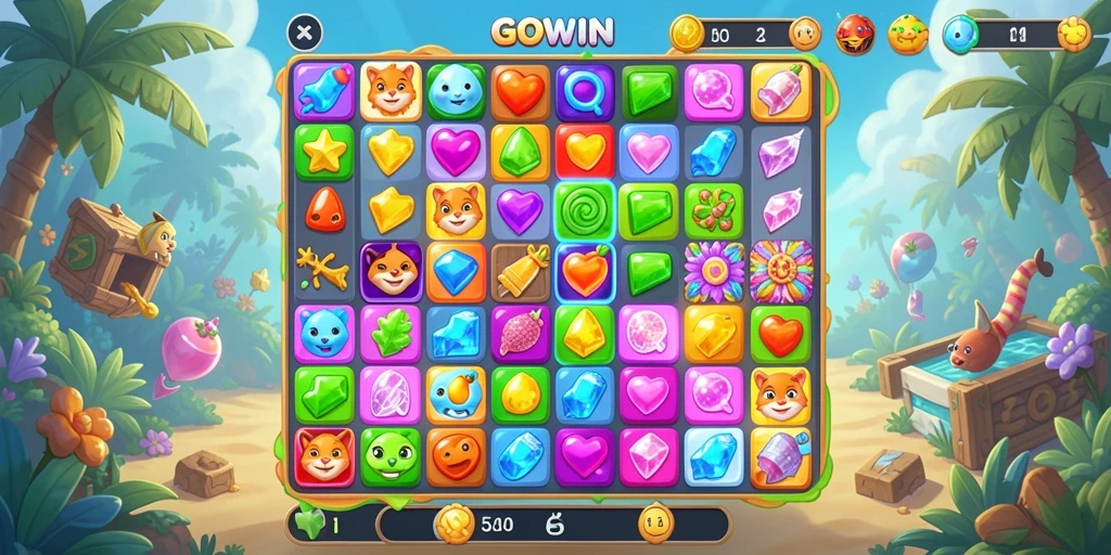Screenshot GOWIN menampilkan gameplay Match-3 yang seru dan penuh warna.