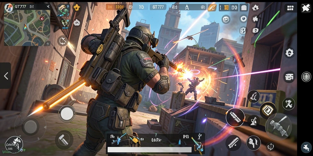 Screenshot utama GT777 menampilkan aksi pertempuran seru di arena TPS.
