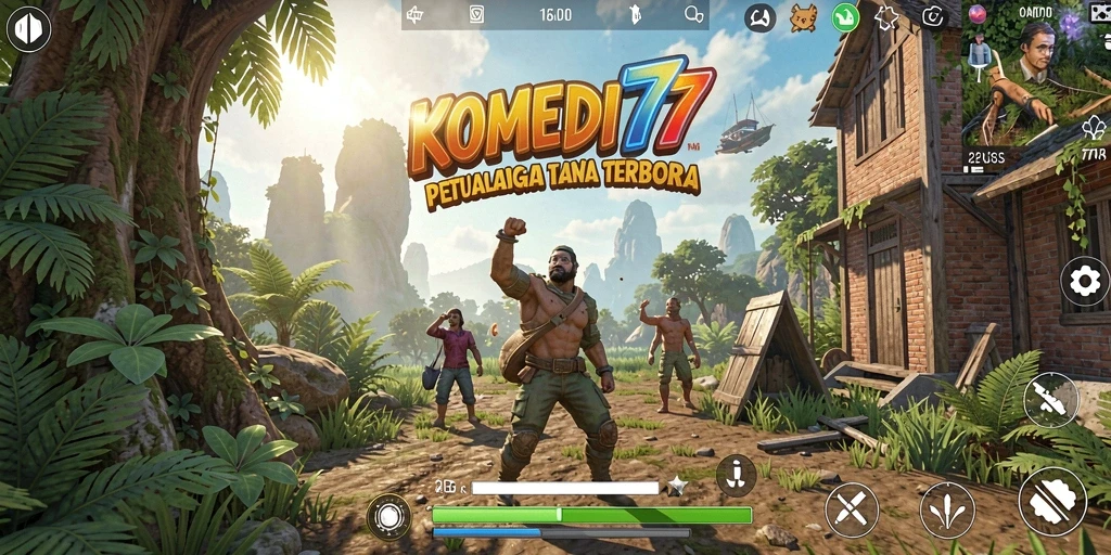 Tangkapan layar gameplay KOMEDI77 dengan karakter lucu di dunia terbuka.