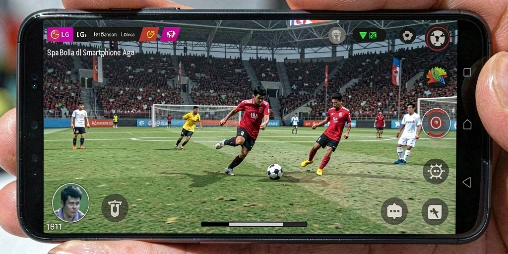 Screenshot gameplay LG111 memperlihatkan aksi seru di lapangan sepak bola.
