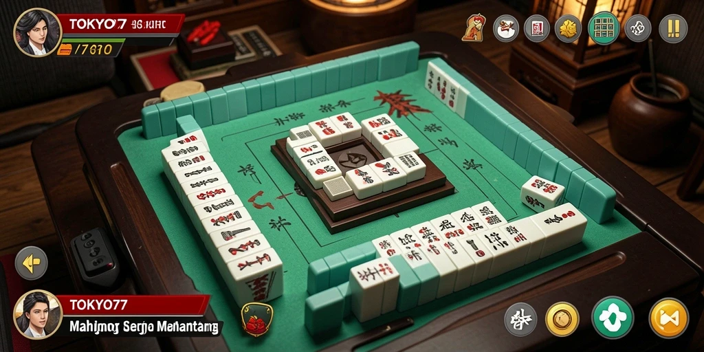 Screenshot gameplay TOKYO77 yang menampilkan suasana permainan Mahjong yang seru.