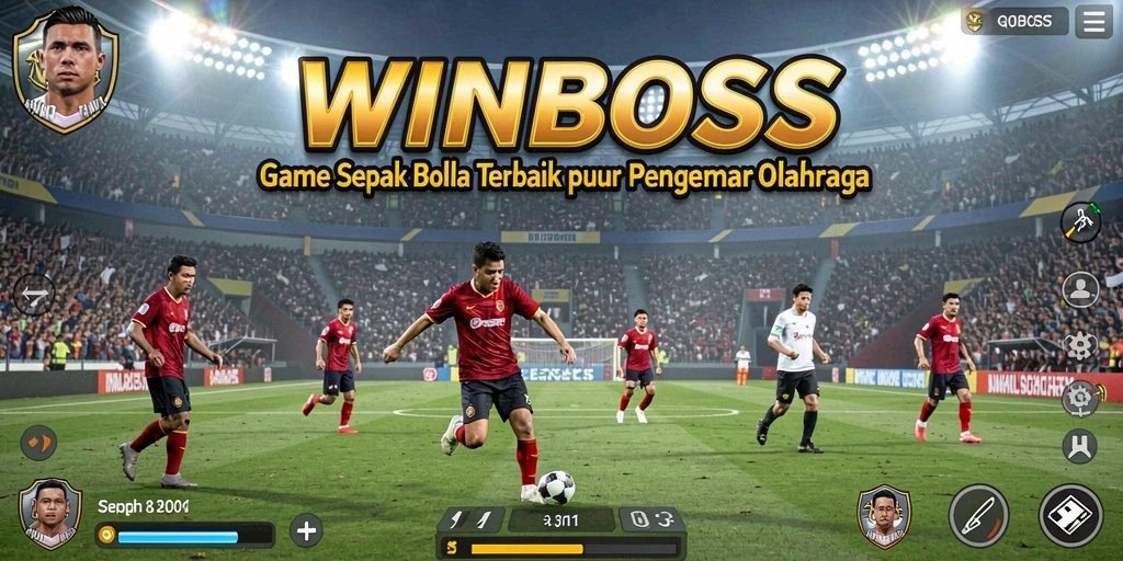 Tangkapan layar gameplay WINBOSS yang menampilkan aksi sepak bola yang mendebarkan.